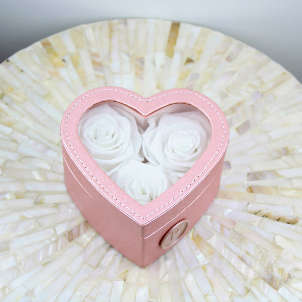 Pink Heart-Shaped Box of White Infinity Roses