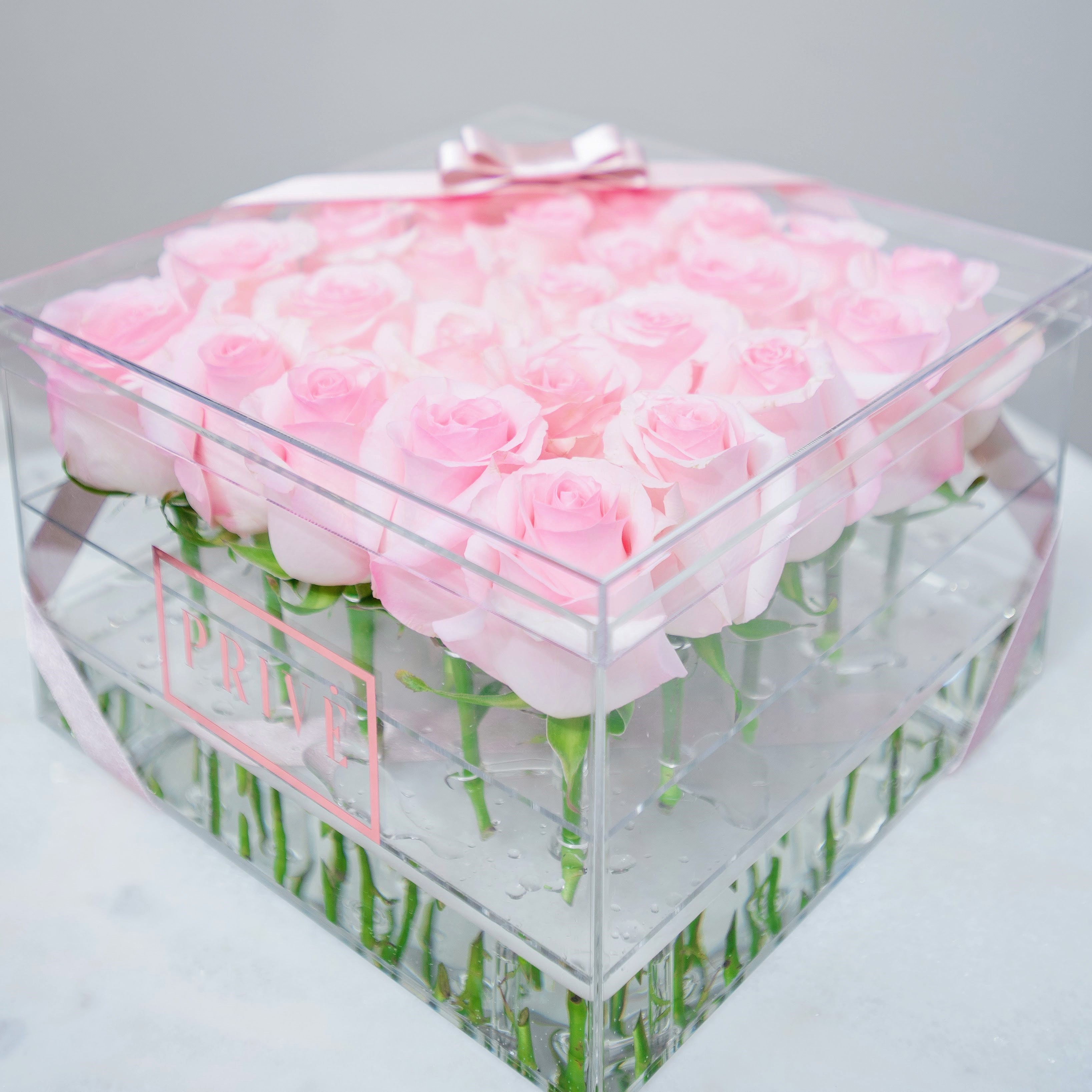 SRQ Modern Box | 25 Fresh-Cut Red Roses in Square Acrylic Box – Privé Roses