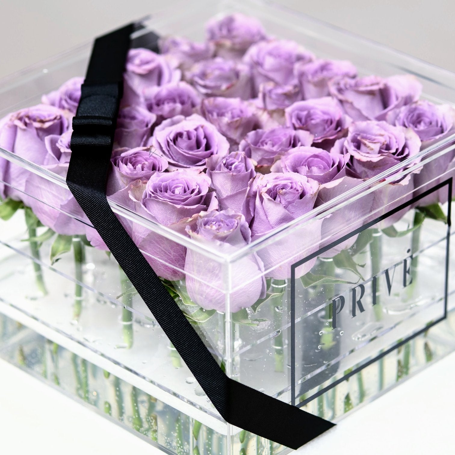SRQ Modern Box | 25 Fresh-Cut Red Roses in Square Acrylic Box – Privé Roses