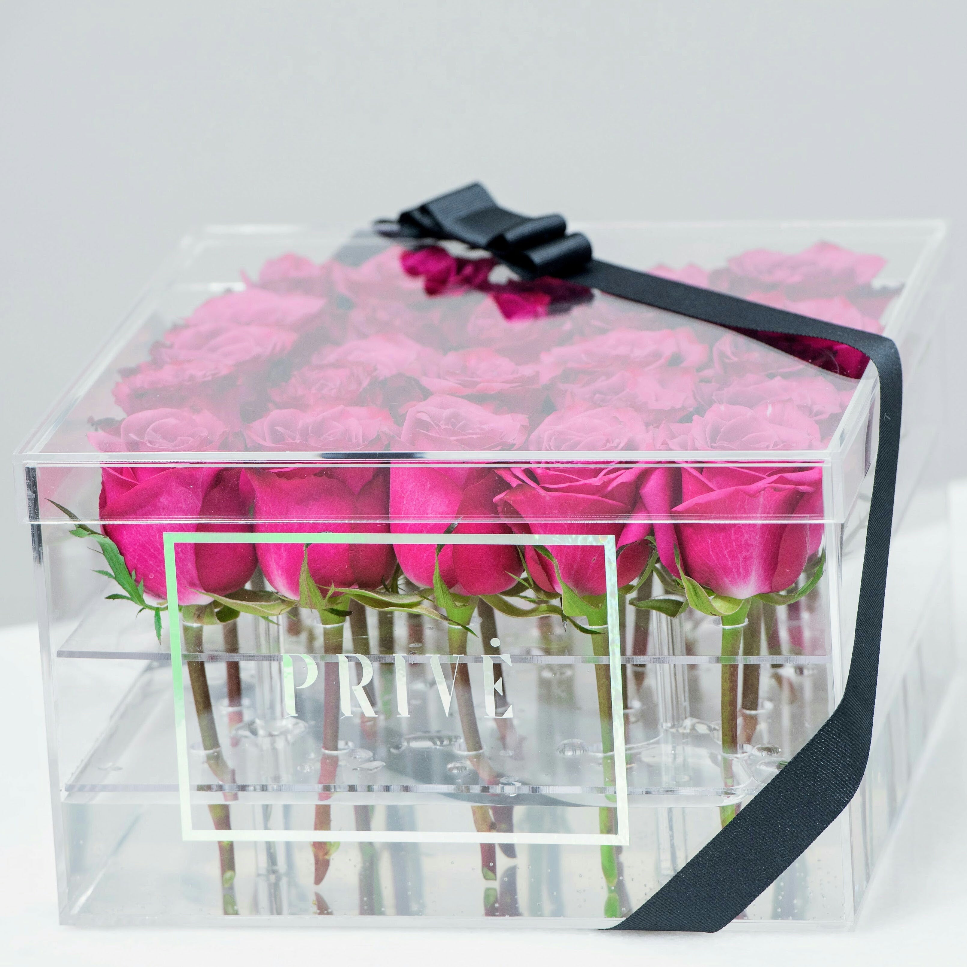 SRQ Modern Box | 25 Fresh-Cut Red Roses in Square Acrylic Box – Privé Roses